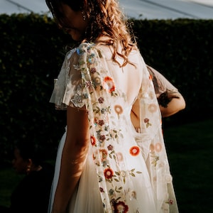Floral sequin bridal cape / Back -reveal bridal cape /  Woodland wedding Cape / &#39;Ottilie&#39; fabric