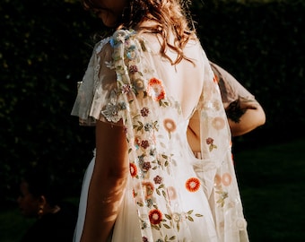 Floral Sequin Bridal Cape – Back-Reveal Woodland Wedding Cape. 'Ottilie'. Wedding cape