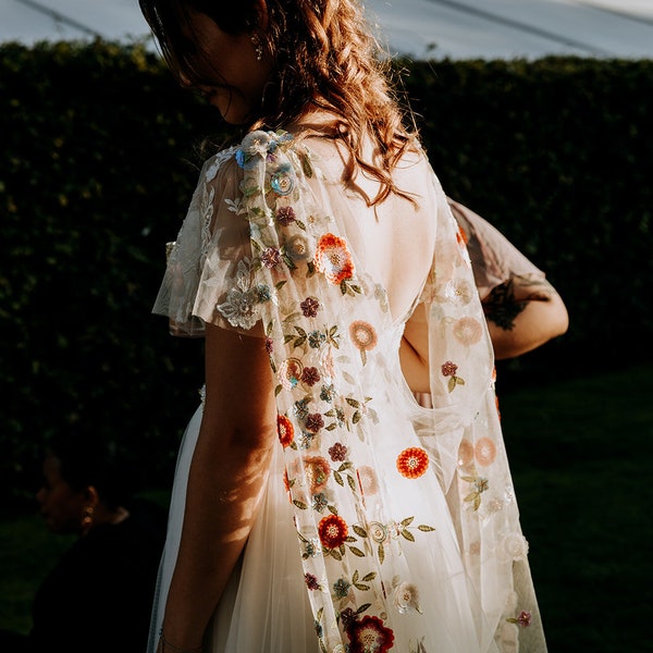 Floral sequin bridal cape / Back -reveal bridal cape /  Woodland wedding Cape / 'Ottilie' fabric