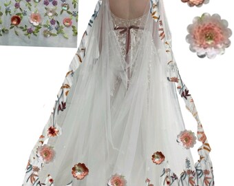 Autumn-Aurelia Days floral veil or cape / veil with embroidered flowers / alternative bridal veil / woodland wedding veil.