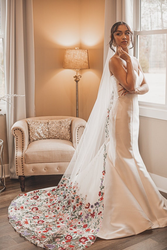 Buy Floral Veil / Trim and Train Veil / Floral Wedding Veil 