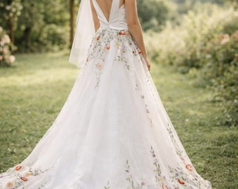 Embroidered Floral Bridal Overskirt - Detachable Tulle Wedding Skirt