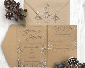 Winter Wedding Pocket Fold Invitations, Handmade Winter Wedding Invitations, Boho Wedding Invitation, Christmas Winter Wedding Invitation