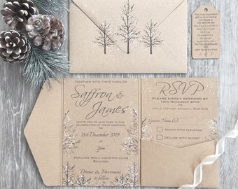 SINGLE SAMPLE SEULEMENT - Rustic Winter Wedding Pocket-fold Invitation, Rustic Wedding, Winter Wedding, Christmas Wedding Invitation, Rustic