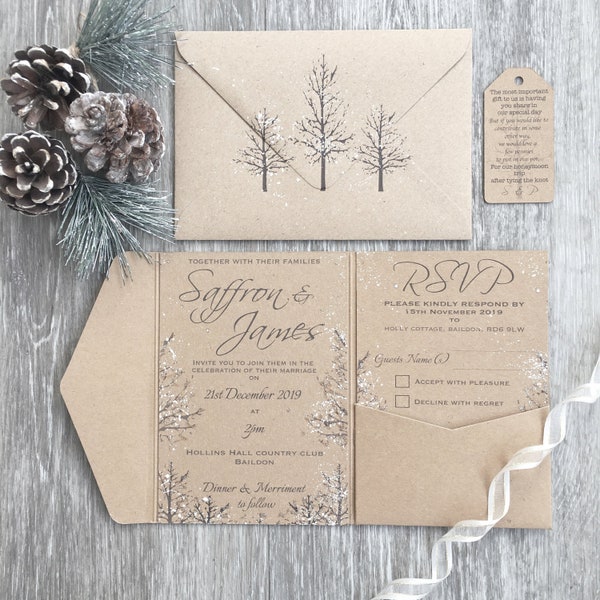 SINGLE SAMPLE ONLY - Rustic Winter Wedding Pocket-fold Invitation, Rustic Wedding, Winter Wedding, Christmas Wedding Invitation, Rustic