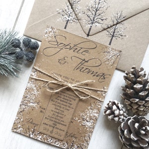 Papeterie rustique d’invitation de mariage d’hiver pour un mariage d’hiver sur le thème de la neige
