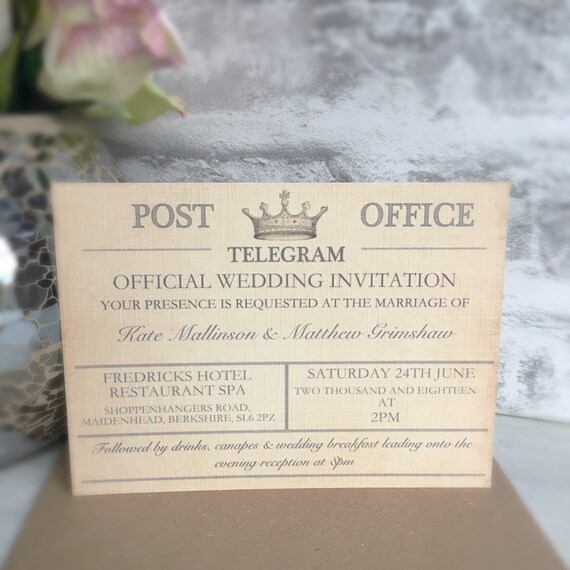 SAMPLE - Vintage Travel Wedding Invitation, Telegram Wedding, Destination Wedding Invitations, Vintage Wedding, Travel theme invitation