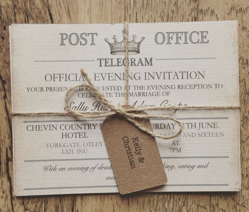 SAMPLE Vintage Travel Wedding Invitation, Telegram Wedding, Destination Wedding Invitations, Vintage Wedding, Travel theme invitation image 2