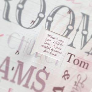 May include: A white background with a pink and gray text overlay. A small white square with a pink inscription reads "When I saw you, I fell in love...& you smiled because you knew".