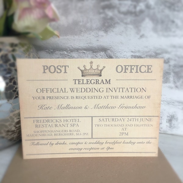 Personalised Destination Wedding Invitation, Vintage Telegram Style Wedding Invitation, Wedding Invitation, Telegram Wedding Invitation