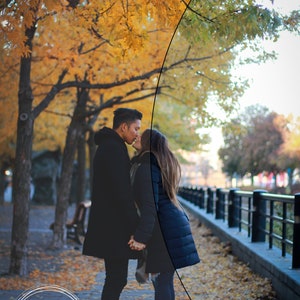 May include: A couple in black jackets are kissing in front of a row of trees with yellow leaves. The ground is covered in fallen leaves. The couple is standing on a sidewalk next to a black metal fence.