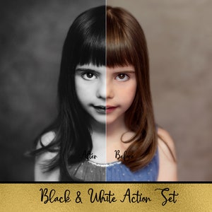 Puede incluir: Una imagen dividida en dos que muestra la cara de una niña en color en el lado derecho y en blanco y negro en el lado izquierdo. El texto "Black & White Action Set" está en la parte inferior de la imagen.