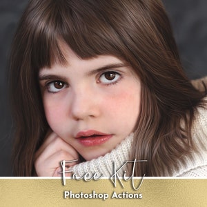 May include: A young girl with long brown hair wearing a white sweater. The text "Free Kit Photoshop Actions" is at the bottom of the image.