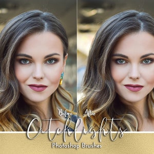 May include: Before and after image showing the effect of using Photoshop brushes to add catchlights to a woman's eyes. The image on the left shows the woman's eyes without catchlights, while the image on the right shows the woman's eyes with catchlights. The text "Catchlights Photoshop Brushes" is displayed below the images.