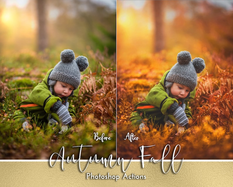 May include: A young child wearing a gray knit hat with pom-poms sits in a bed of autumn leaves. The image shows a before and after effect of a photo editing action. The text "Autumn Fall Photoshop Actions" is at the bottom of the image.