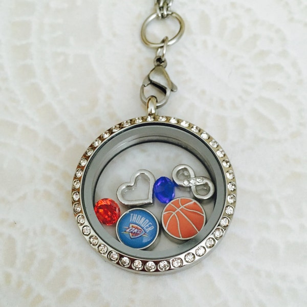 Oklahoma City Thunder inspired Large stainless steel memory locket with choice of stainless steel chain