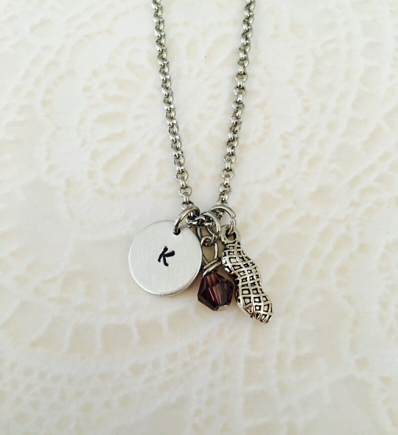Personalized initial peanut necklace hand stamped jewelry charm necklace peanut pendant