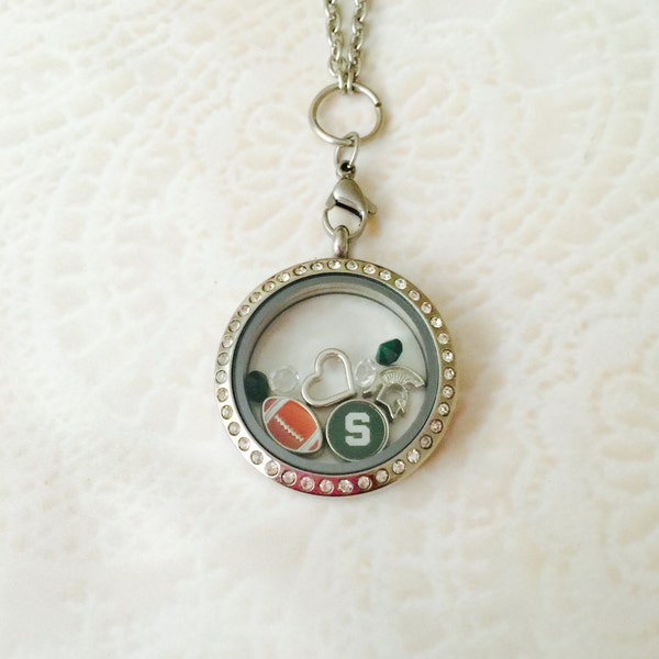 Michigan State Spartans memory locket large stainless steel with crystals and choice of chain