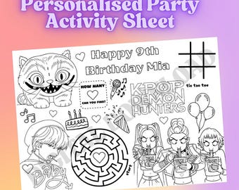 Personalised KPop Demon Hunters Birthday Party Activity Sheet Huntrix Party Favour Colouring In Game