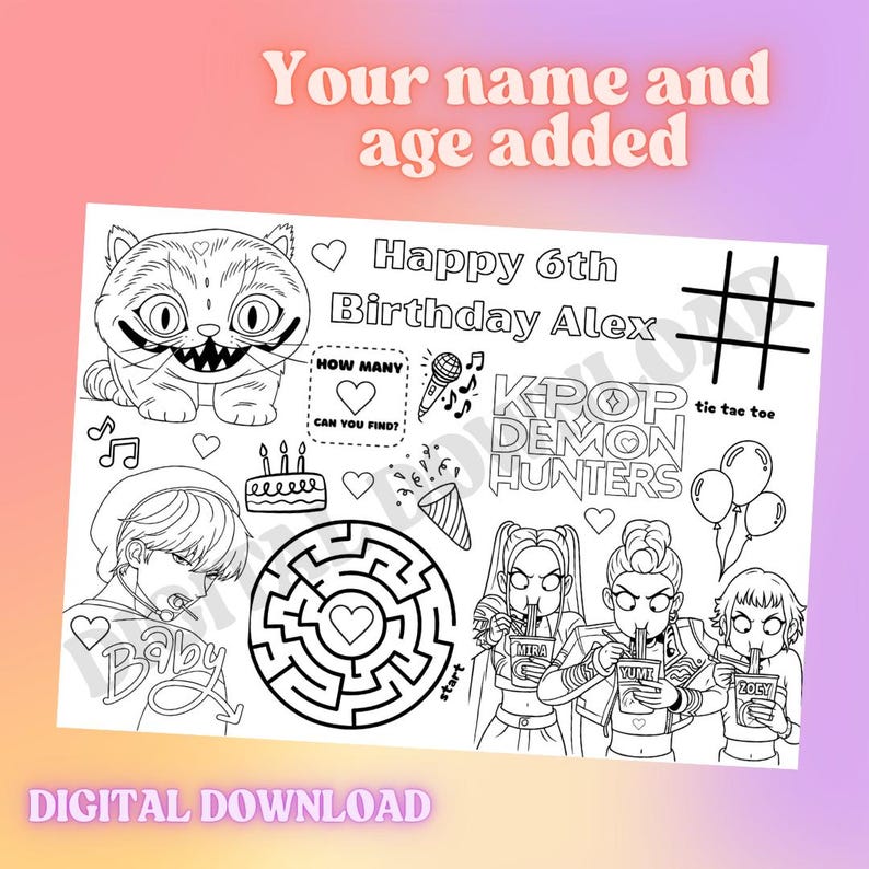 Personalised Kpop Demon Hunters Birthday Party Activity Sheet Huntrix ...