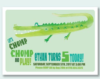 Water Color Crocodile Kids Birthday Invitation.  Crocodile Kids Birthday Invite. Fun Crocodile Birthday Party Invite.  Crocodile Invite