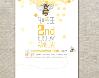 Busy Bee 2nd Birthday Invitation, Yellow and Gray (Digital File)