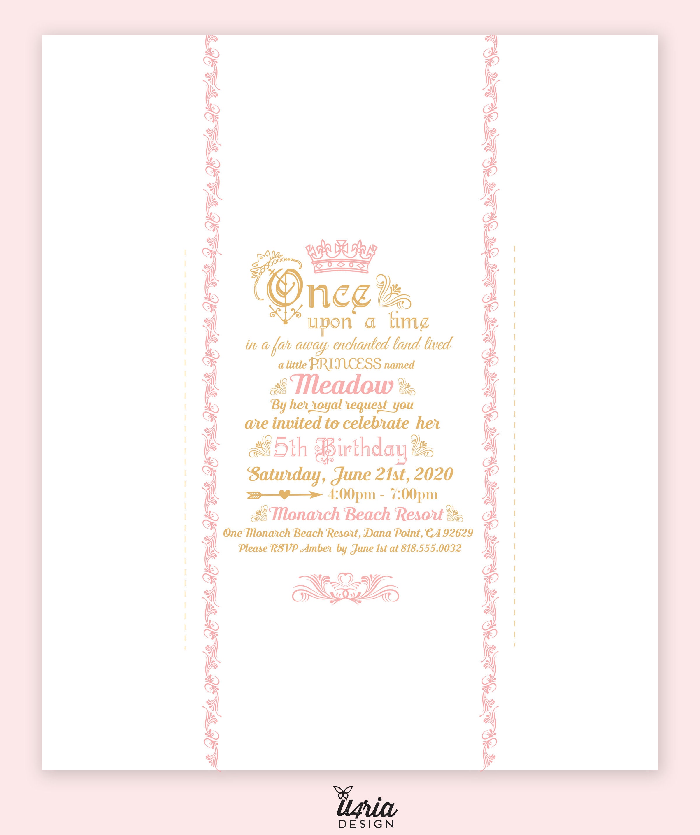 Gold Princess Birthday Scroll Invitation: Pink Elegant Design (Digital Download)
