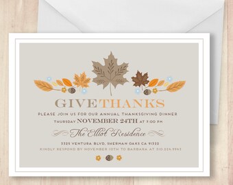 Modern Thanksgiving Dinner Invitation: Rustic Autumn Leaves (Digital File)