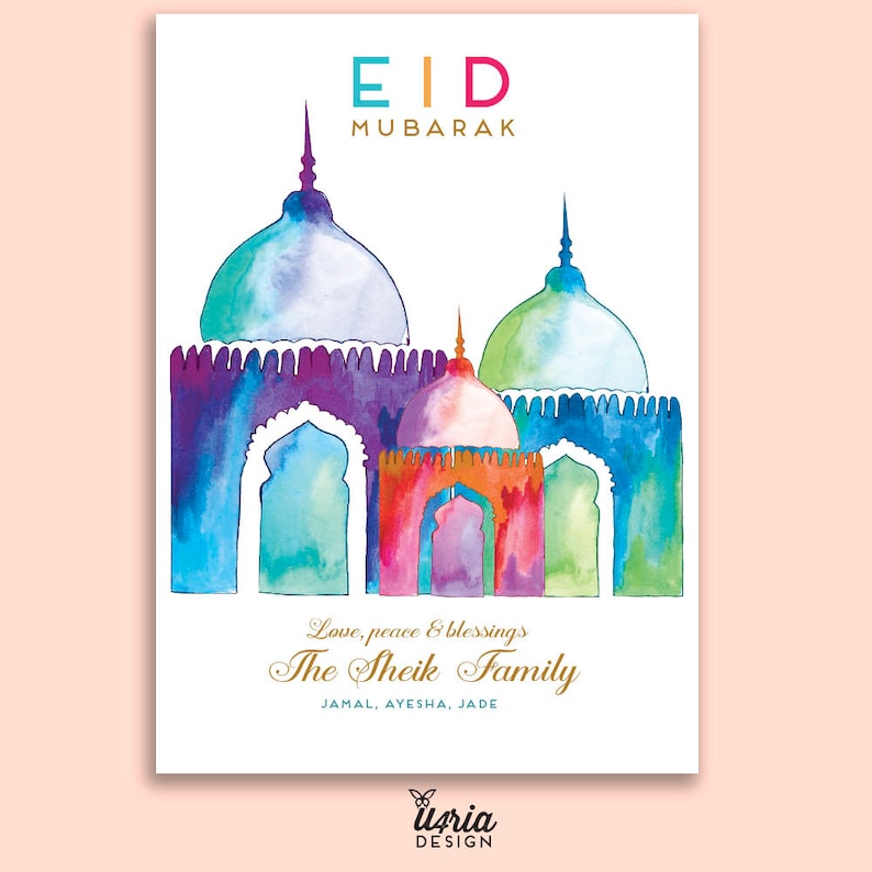 Eid Greeting Cards. Watercolor Eid Greeting Card. Colorful Mosques Eid