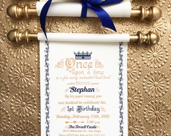 Gold & Navy Prince Birthday Scroll Invitation: Elegant Royal Invite