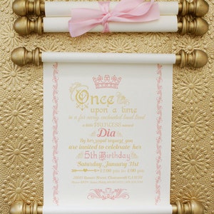 Gold Princess Scroll Birthday Invitation: Pink Ribbon, Elegant Party