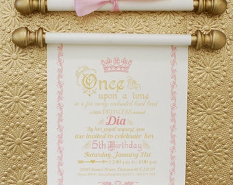 Gold Princess Scroll Birthday Invitation: Pink Ribbon, Elegant Party