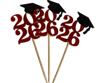 2026 Graduation Cupcake Toppers — Class of 2026 Skewers — Grad Party Decorations — Pick Your Colors — Set of 12