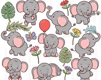 Kawaii Elefanten Clipart, niedliche Elefanten Clipart, niedliche Elefanten Posen Clipart, Elefant mit Ballon, Elefant mit Blume Clipart
