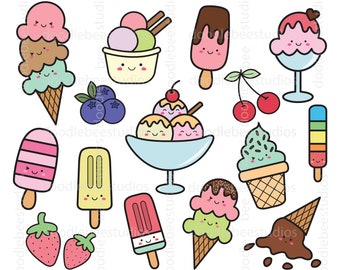 Kawaii Ice Cream Clipart, Ice-cream Clipart, Cute Ice-Cream Clip Art, Popsicle Clipart,Sundae Clipart, Ice Cream Instant Download