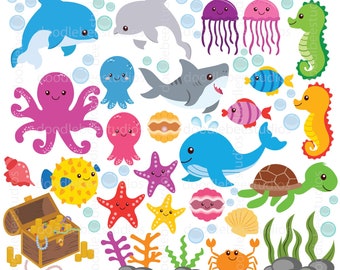 Sea Animals Clipart, Sea Life Clip Art, Sealife Clipart, Animals Clipart, Fish Clipart, Dolphins, Whale, Starfish, Treasure Chest, Octupus