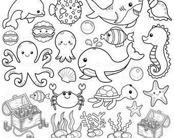 Sea Animals Digital Stamps, Sea Creatures Digital Stamps, Sea Animals Clipart, Sea Animals Outline, Ocean Animals Clipart, Fish Clipart