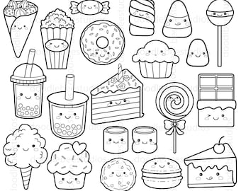 Kawaii Sweet Treats Clipart, Kawaii Sweet Snacks Clipart, Cute Snacks Digital Stamps, Cute Snacks Icons, Kawaii Sweet Treats Coloring Pages