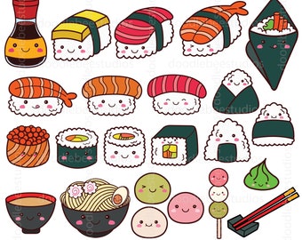 Kawaii Sushi Clipart, Japanese Food Clipart, Cute Sushi, Cute Japanese food, Ramen, Sushi Rolls, Mochi clipart, Kawaii Japan Food Clipart