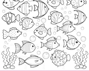 Cute Fishes Clipart, Cute Fish Clip Art, Cute Fishes Digital Stamps, Fish Clipart, Sea Animals Clipart, Fish Digital Stamps, Sea Creatures
