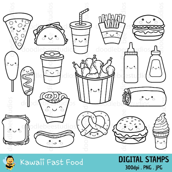 Kawaii Fast Food Clipart, Kawaii Fast Food Clipart, Cute Fast Food Digital Stamps, Cute Fast Food Icons, Kawaii Fast Food Coloring Pages