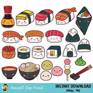 Kawaii Sushi Clipart, Japanese Food Clipart, Cute Sushi, Cute Japanese food, Ramen, Sushi Rolls, Mochi clipart, Kawaii Japan Food Clipart