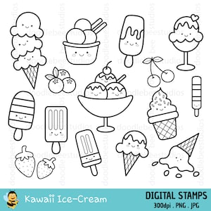 May include: A set of black and white digital stamps featuring various kawaii ice cream designs, including cones, popsicles, sundaes, and a melting ice cream puddle.