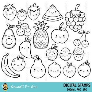 Kawaii Fruits Clipart, Kawaii Fruit Clip Art, Cute Fruits Clipart, Fruits Digital Stamps, Cute Fruits Icons, Kawaii Fruit Coloring Pages
