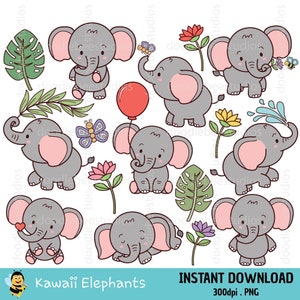 Kawaii Elephant Clipart, Cute Elephant Clipart, Cute Elephant Poses Clipart, Elephant Holding Balloon, Elephant Holding Flower Clipart