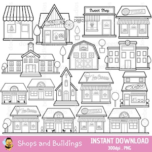 Shops Clipart, Buildings Clipart, Shops Digital Stamps, Buildings Digital Stamps, Buildings Coloring Pages,Cafe Clipart, Candy Store Clipart