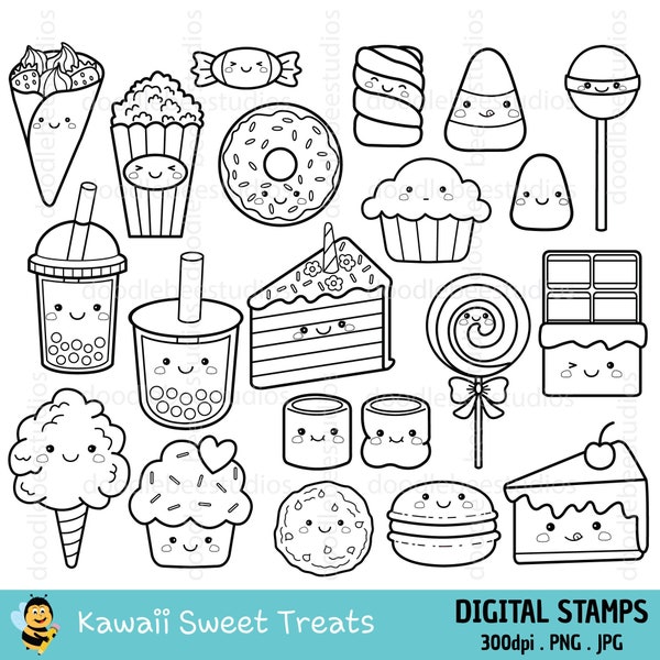 Kawaii Sweet Treats Clipart, Kawaii Sweet Snacks Clipart, Cute Snacks Digital Stamps, Cute Snacks Icons, Kawaii Sweet Treats Coloring Pages