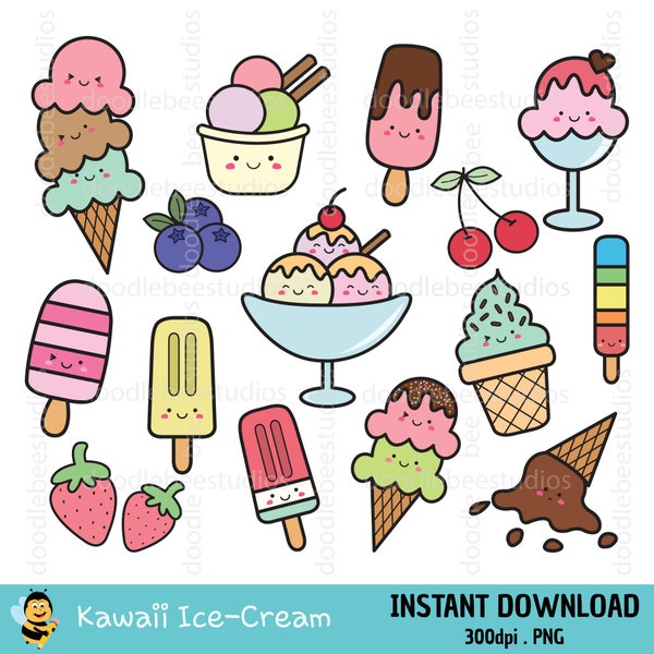 Kawaii Ice Cream Clipart, Ice-cream Clipart, Cute Ice-Cream Clip Art, Popsicle Clipart,Sundae Clipart, Ice Cream Instant Download
