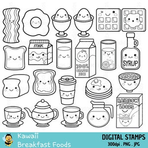 Kawaii Breakfast Digital Stamps, Kawaii Breakfast Clipart, Cute Breakfast Stamps, Pancakes. Waffles, Eggs, Bread, Coffee, Tea, Milk, Syrup