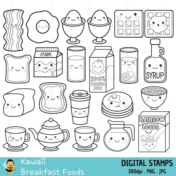 Kawaii Breakfast Digital Stamps, Kawaii Breakfast Clipart, Cute Breakfast Stamps, Pancakes. Waffles, Eggs, Bread, Coffee, Tea, Milk, Syrup